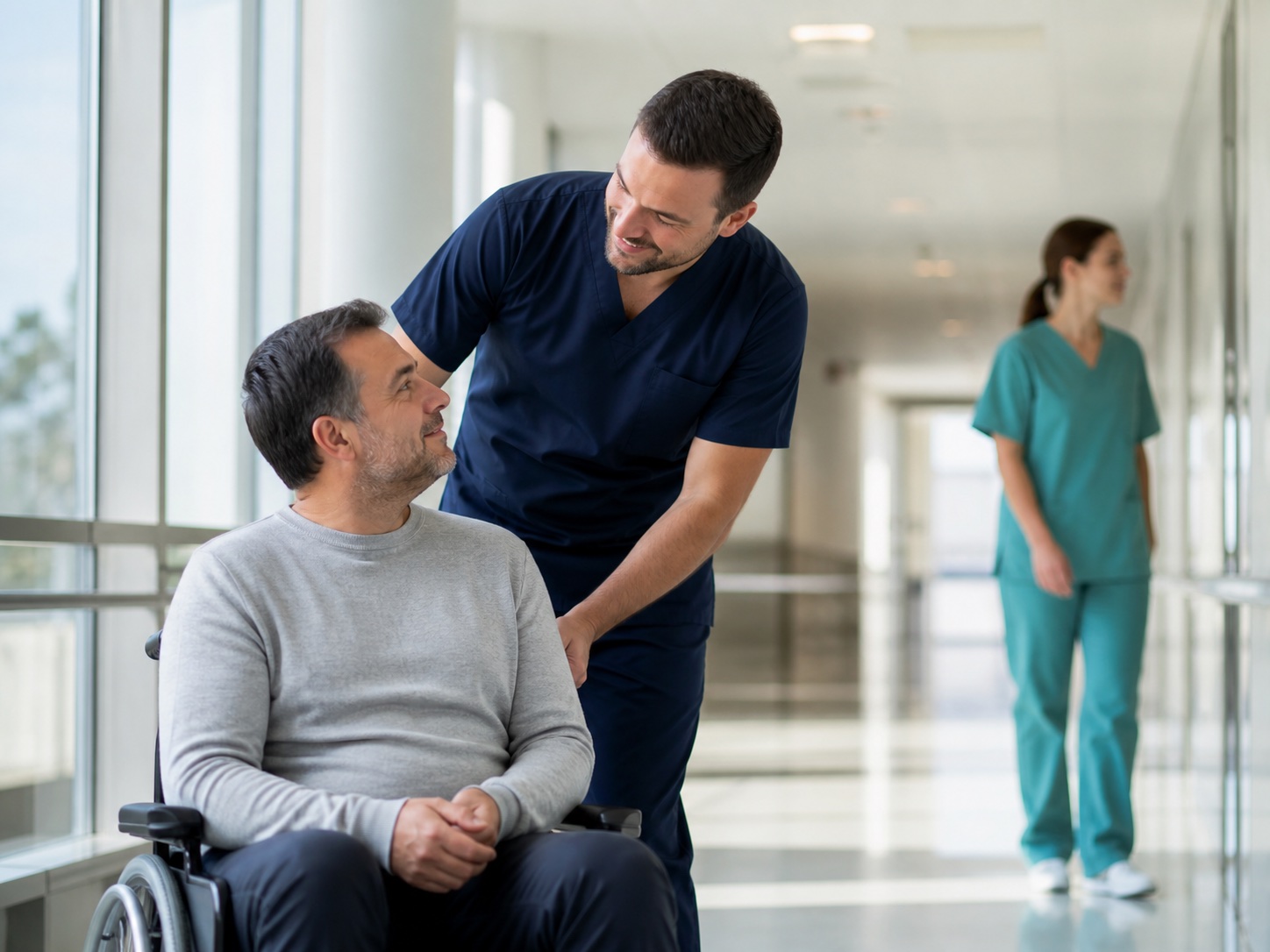 Celador ayudando a una persona en un centro hospitalario