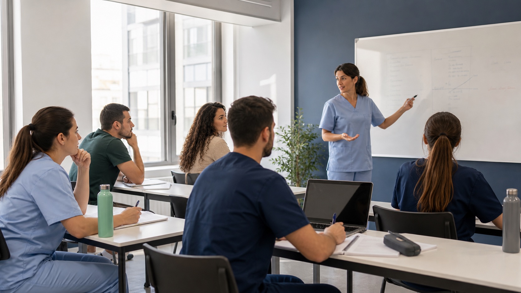 Alumnos preparando oposiciones sanitarias con una profesora especialista